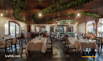 KRAFT cube-shaped suspended ceiling with wood grain: natural energy in restaurant interiors
